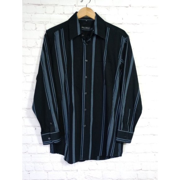 PLAYA GRANDE Button Down Long Sleeve Black Shirt Stripe Blue Size Medium Cotton - Picture 1 of 8